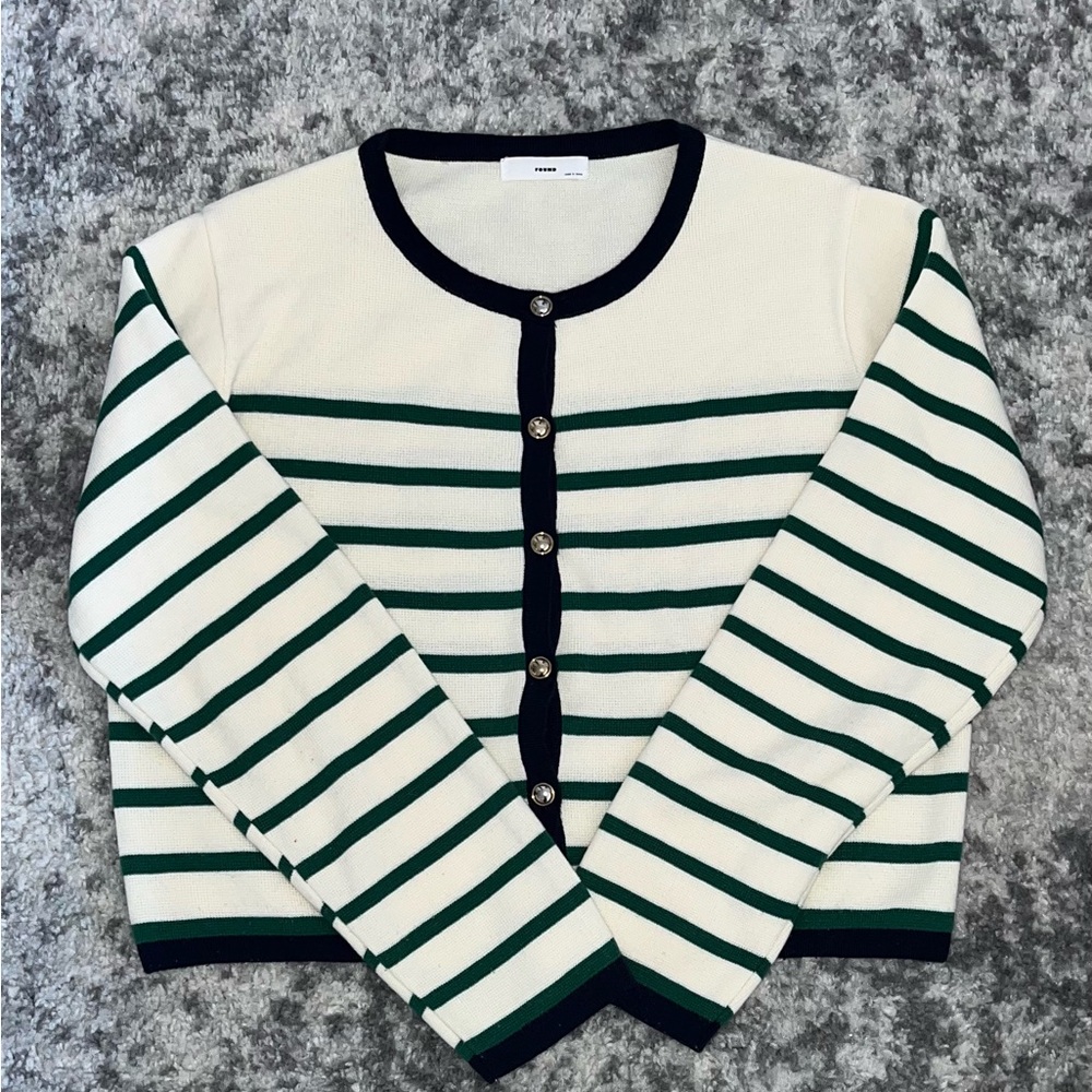 Found Korea Cream Striped Cardigan with Navy Blue Accents & Green Stripes